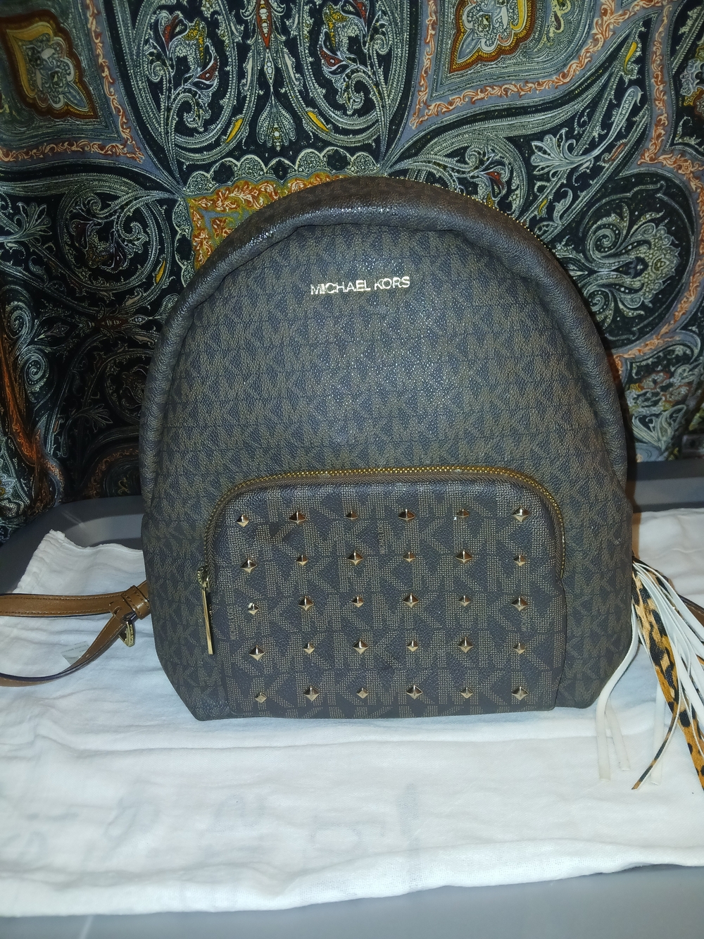 MICHAEL KORS Brown Logo Studded Mini Backpack